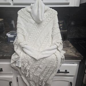 Cozy Off White Knit Poncho with Fringe, And Matching Sweater underneath